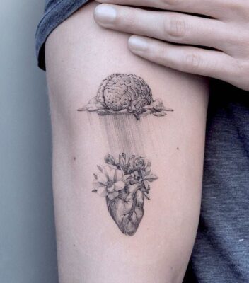 ý nghĩa với hình xăm trái tim và bộ não Hình xăm não và tim trên tay, phong cách blackwork chi tiết, độ phân giải HD.