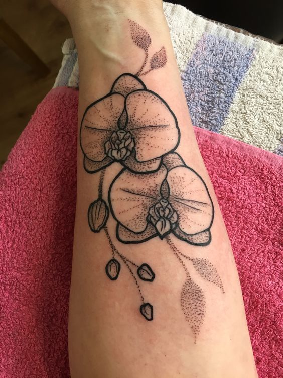 ý tưởng xăm hoa lan độc đáo Hình xăm hoa phong lan trên cánh tay, phong cách blackwork, chi tiết rõ nét, độ phân giải HD.