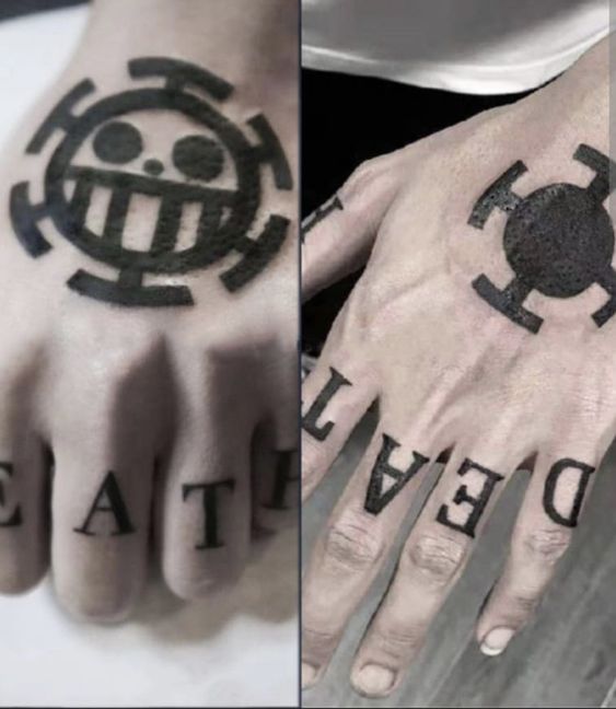 Hình xăm biểu tượng trên mu bàn tay, phong cách blackwork, chi tiết rõ nét, độ phân giải HD.