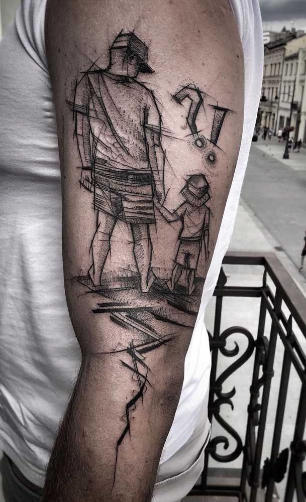 ấn tượng với hình xăm cha và con trên tay Hình xăm sketch phong cách blackwork trên tay, chủ đề cha con, chi tiết cao, độ phân giải HD.