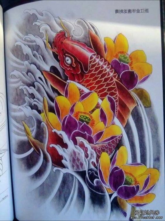Hình xăm cá chép và hoa sen, phong cách cổ điển, màu sắc sống động, độ chi tiết cao, độ phân giải HD.