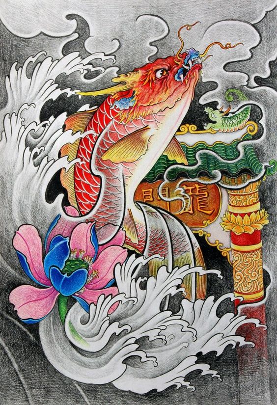 Hình xăm cá chép màu sắc sống động, phong cách cổ điển, chi tiết cao, độ phân giải HD.