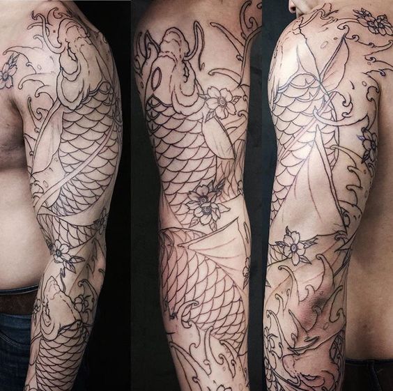 chi tiết hình xăm cá chép trắng kín tay cực chất lượng Hình xăm cá Koi trên tay, phong cách blackwork, chi tiết, độ phân giải HD.