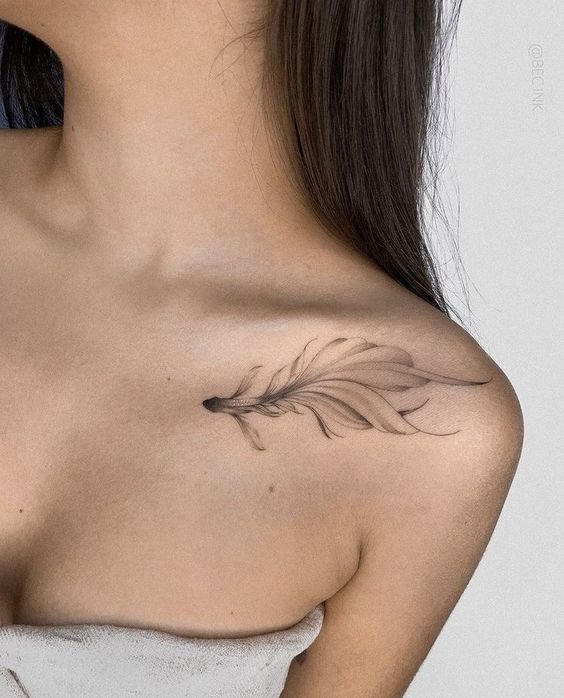 Hình xăm lông vũ trên vai, phong cách blackwork tinh tế, ảnh chất lượng HD.