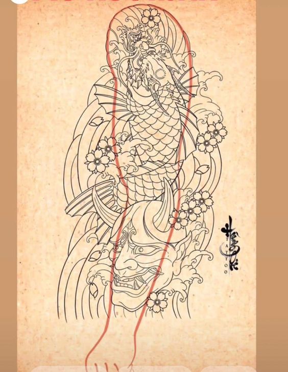 Hình xăm cá chép và mặt nạ Oni phong cách Nhật Bản, chi tiết, vị trí cánh tay, độ phân giải cao.