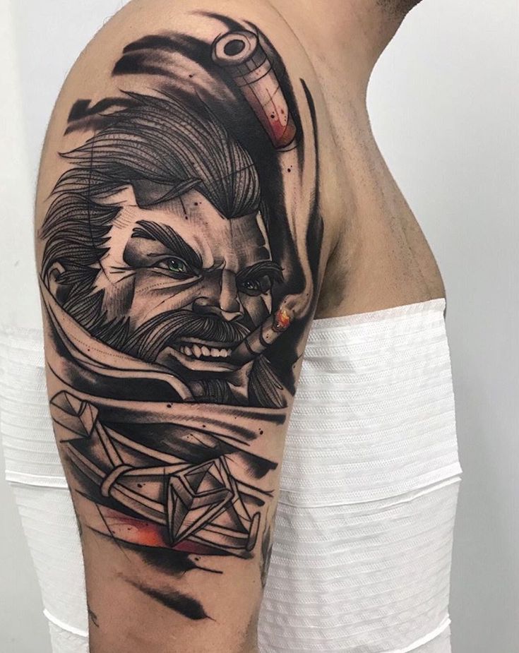Hình xăm cánh tay phong cách blackwork chi tiết, chủ đề chiến binh, độ phân giải HD.