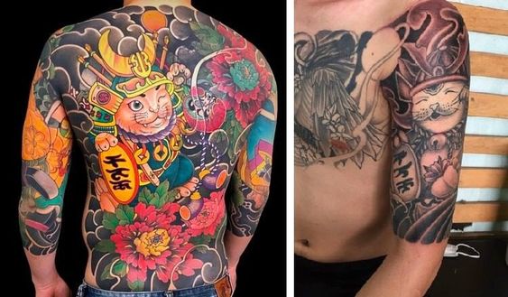 Hai hình ảnh hình xăm mèo samurai Hình xăm mèo thần tài và hoa mẫu đơn màu sắc, phong cách Nhật Bản, vị trí lưng và tay, độ chi tiết cao, ảnh HD.