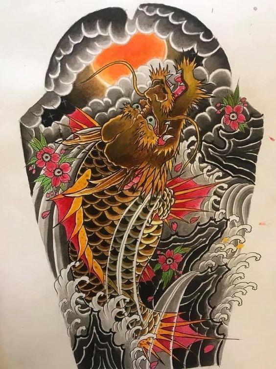Hình xăm rồng phong cách cổ điển với màu sắc tươi sáng, chi tiết tinh xảo, độ phân giải HD.