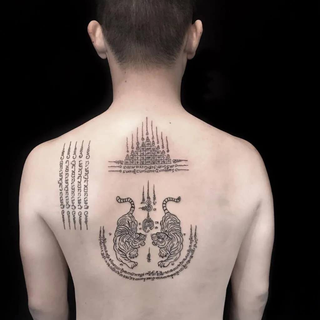 Hình xăm sak yant trên lưng với chữ và hổ, phong cách blackwork, chi tiết rõ nét, ảnh HD.