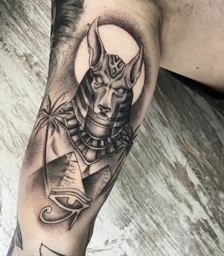 Hình xăm Anubis cổ điển trên bắp tay, chi tiết tỉ mỉ, phong cách blackwork, ảnh chất lượng HD.
