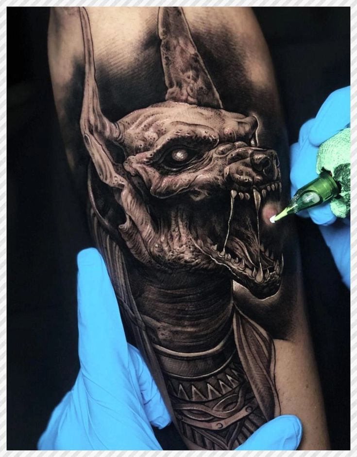 Hình xăm Anubis trên tay, phong cách blackwork chi tiết, độ phân giải cao HD.