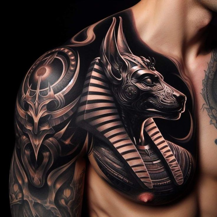 Hình xăm Anubis trên ngực, phong cách blackwork chi tiết, độ phân giải HD.