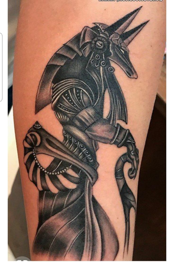 Hình xăm Anubis phong cách blackwork trên cánh tay, chi tiết rõ nét, độ phân giải HD.
