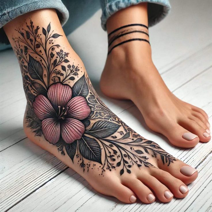Hình xăm hoa trên mu bàn chân phong cách blackwork chi tiết, ảnh HD.