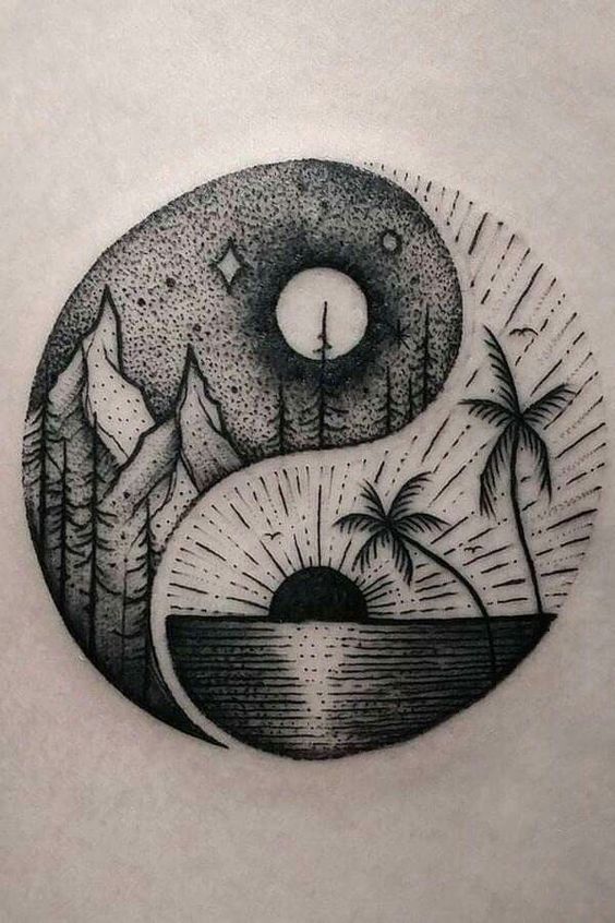 Hình xăm yin-yang, phong cách blackwork chi tiết, kết hợp thiên nhiên, ảnh độ phân giải cao.