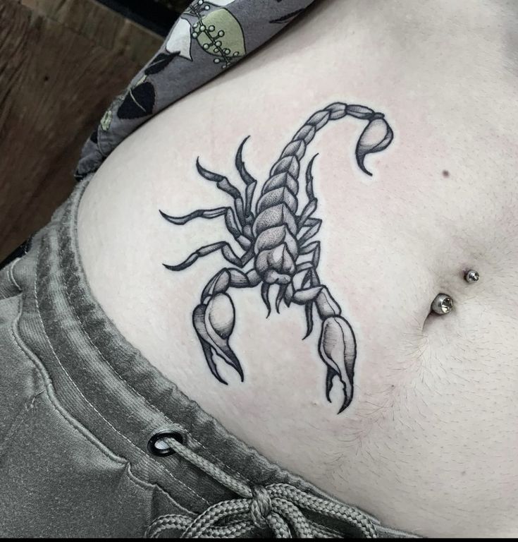 hình xăm bọ cạp ở eo Hình xăm bọ cạp trên bụng, phong cách blackwork, chi tiết sắc nét, độ phân giải HD.