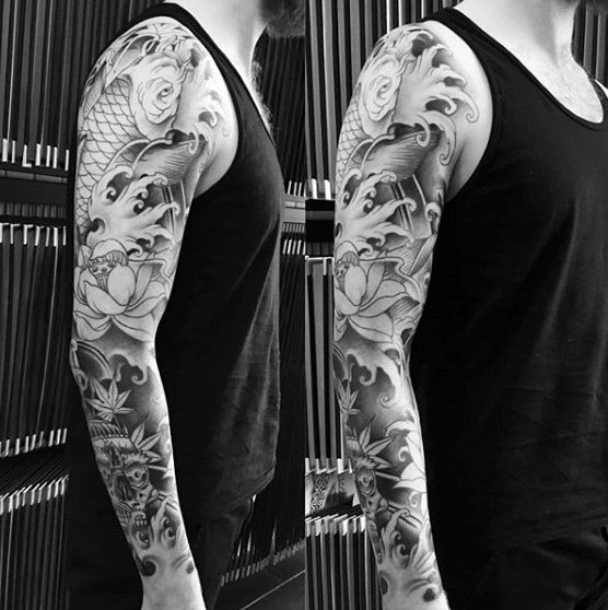 hinh-xam-ca-chep-bich-tay-cho-nam Hình xăm rồng và sóng nước phong cách blackwork trên cánh tay, chi tiết, ảnh HD.