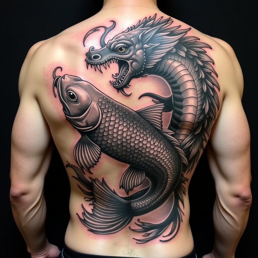 Hình xăm rồng và cá chép trên lưng, phong cách blackwork, chi tiết cao, độ phân giải HD.