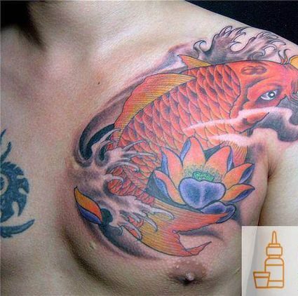 Hình xăm cá chép kết hợp hoa sen ấn tượng ở nửa ngực Hình xăm cá chép màu sắc trên ngực, phong cách truyền thống, chi tiết cao, độ phân giải HD.