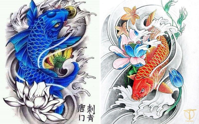 Hình xăm cá chép màu nước, chi tiết, vị trí lưng, độ phân giải HD.