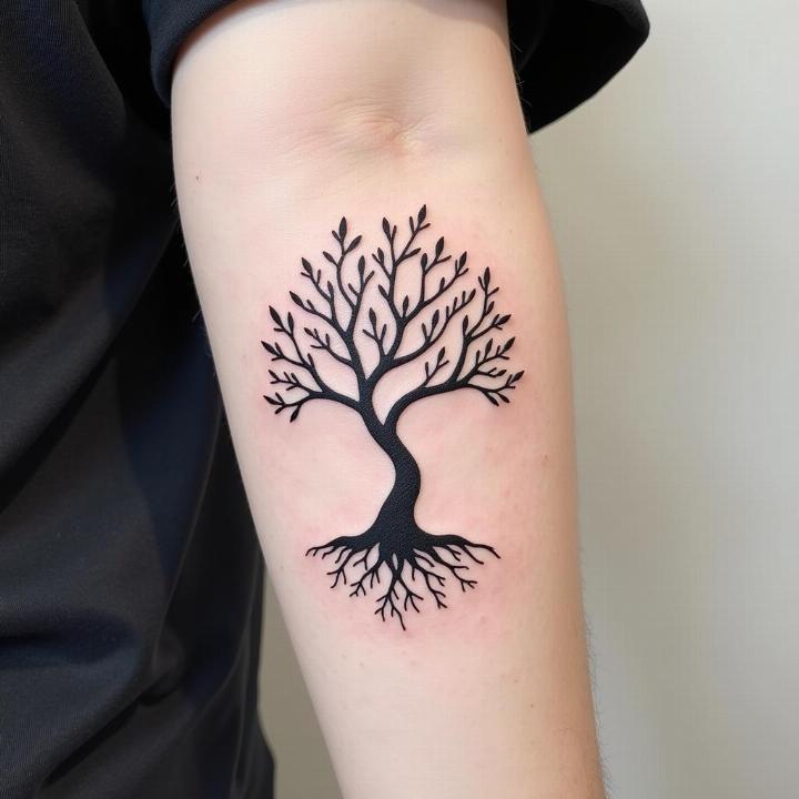 Hình xăm cây phong cách blackwork trên cánh tay, chi tiết rõ nét, độ phân giải HD.
