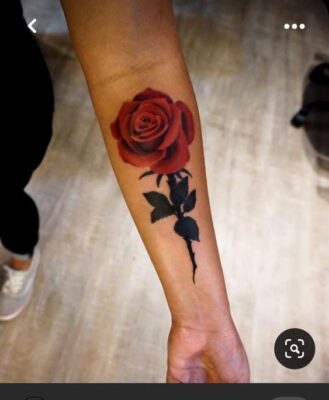 Hình xăm cây hoa hồng ở cánh tay Hình xăm hoa hồng trên cánh tay, phong cách blackwork, chi tiết sắc nét, độ phân giải HD.