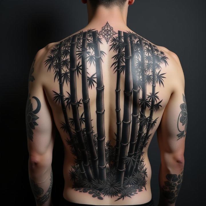 Hình xăm cây tre trên lưng, phong cách blackwork, chi tiết, ảnh HD.