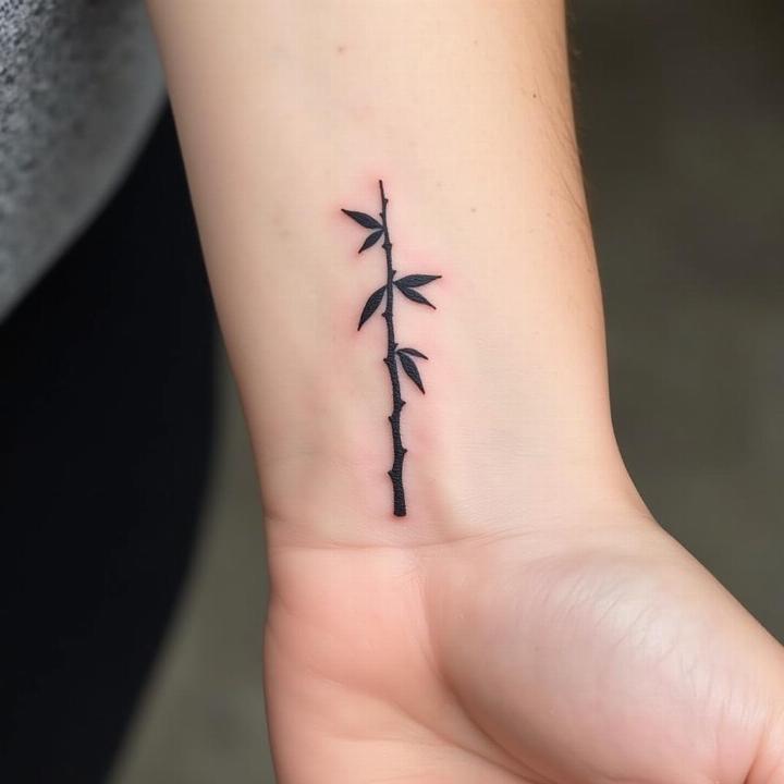 Hình xăm cành tre mini trên cổ tay, phong cách blackwork, hình ảnh HD chi tiết.