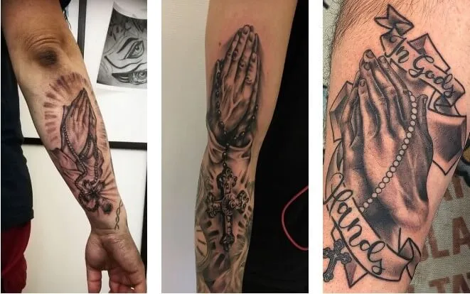 Hình xăm bàn tay cầu nguyện trên tay, phong cách blackwork, chi tiết rõ nét, độ phân giải HD.