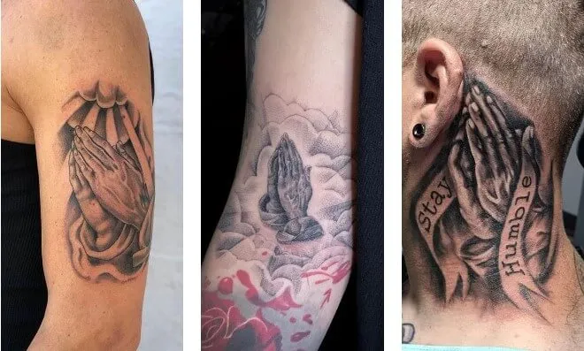 Hình xăm đôi tay cầu nguyện, phong cách blackwork trên cánh tay và cổ, chi tiết cao, độ phân giải HD.