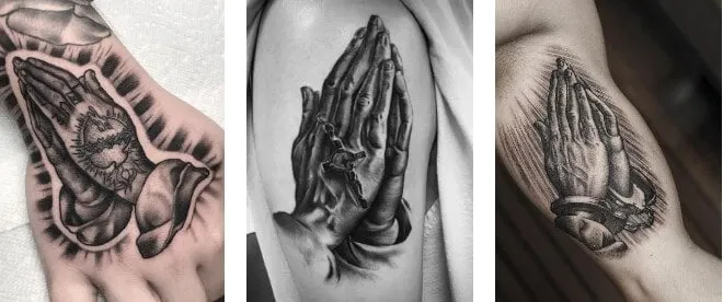 Hình xăm đôi tay cầu nguyện trên cánh tay, phong cách blackwork, chi tiết rõ nét, độ phân giải HD.