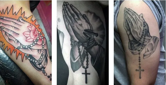 Hình xăm bàn tay cầu nguyện với tràng hạt, vị trí cánh tay, phong cách blackwork, chi tiết, độ phân giải HD.