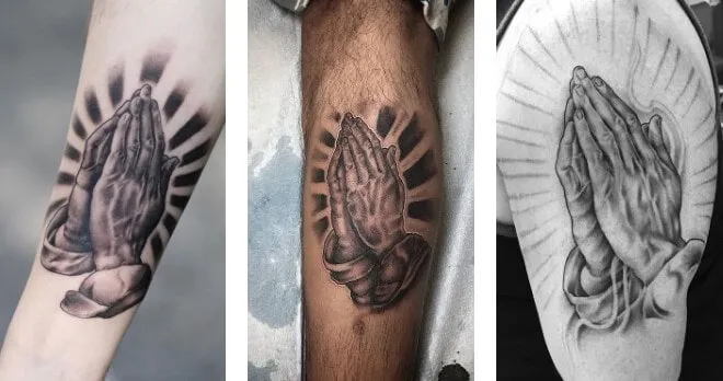 Hình xăm đôi tay cầu nguyện trên cánh tay, phong cách blackwork, chi tiết rõ nét, ảnh chất lượng HD.