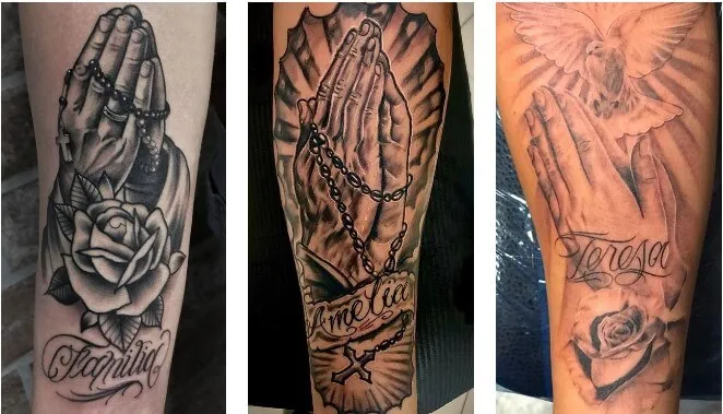 Hình xăm tay cầu nguyện và hoa hồng trên cánh tay, phong cách blackwork chi tiết, độ phân giải HD.
