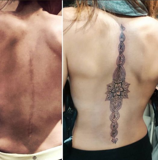 Hình xăm mandala dọc cột sống, phong cách blackwork, chi tiết tinh xảo, chất lượng HD.