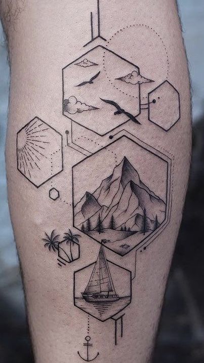 Hình xăm phong cảnh hình học trên chân, phong cách blackwork, chi tiết cao, độ phân giải HD.