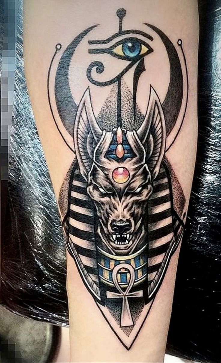 Hình xăm thần Anubis chi tiết trên tay, phong cách blackwork pha màu, độ phân giải HD.