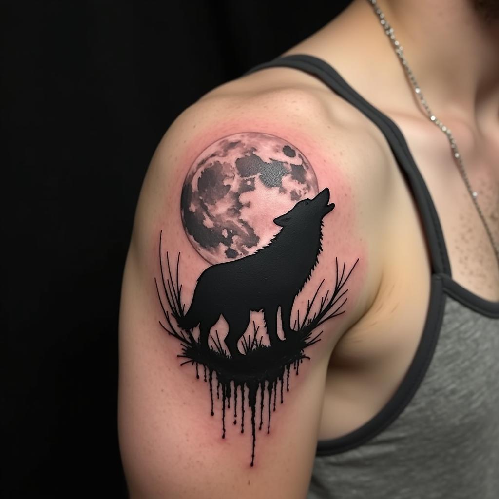 Hình xăm chó sói và trăng trên vai, phong cách blackwork, chi tiết cao, ảnh HD.