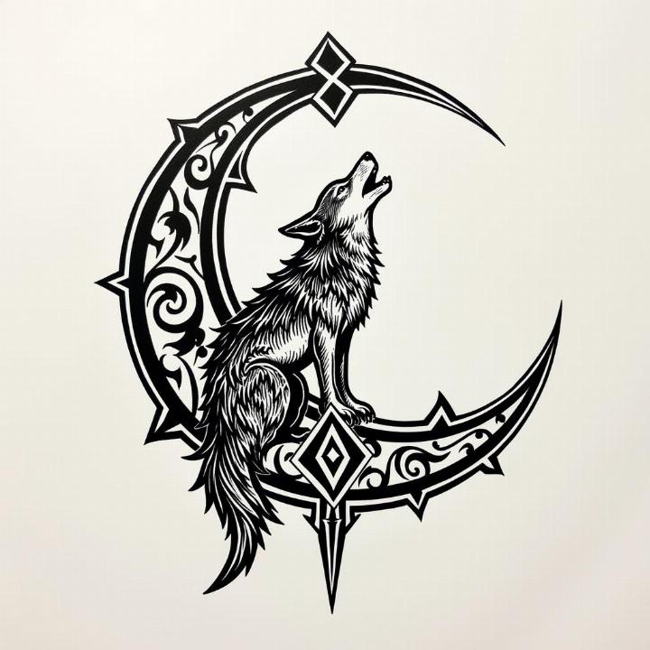 Hình xăm sói và trăng phong cách blackwork, chi tiết sắc nét, độ phân giải HD.