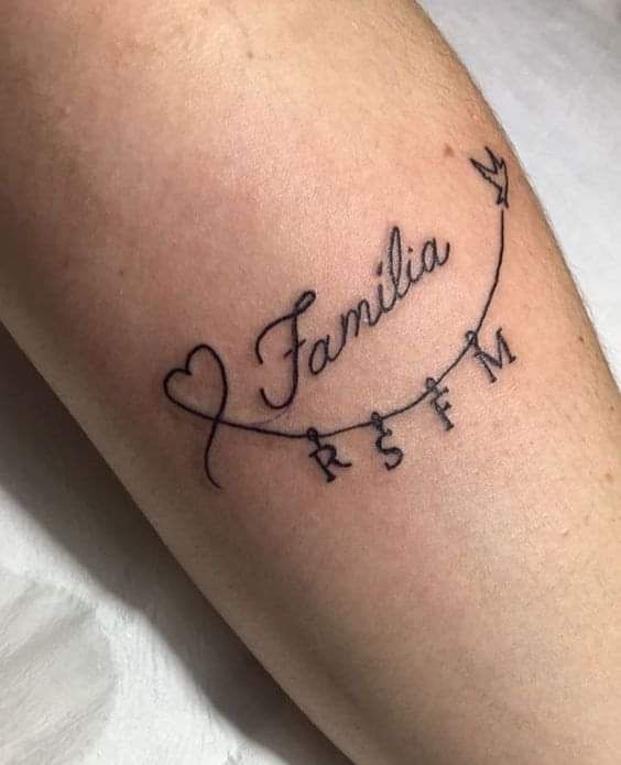 Hình xăm chữ gia đình kèm viết tắt các thành viên Hình xăm chữ "Familia" trên tay, phong cách tối giản, độ chi tiết cao, ảnh HD.