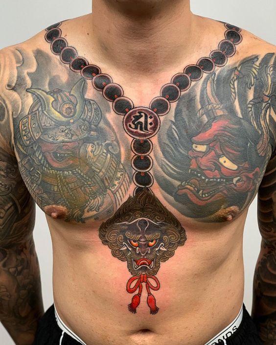 Hình xăm Oni phong cách Irezumi trên ngực, chi tiết, sắc nét, độ phân giải HD.