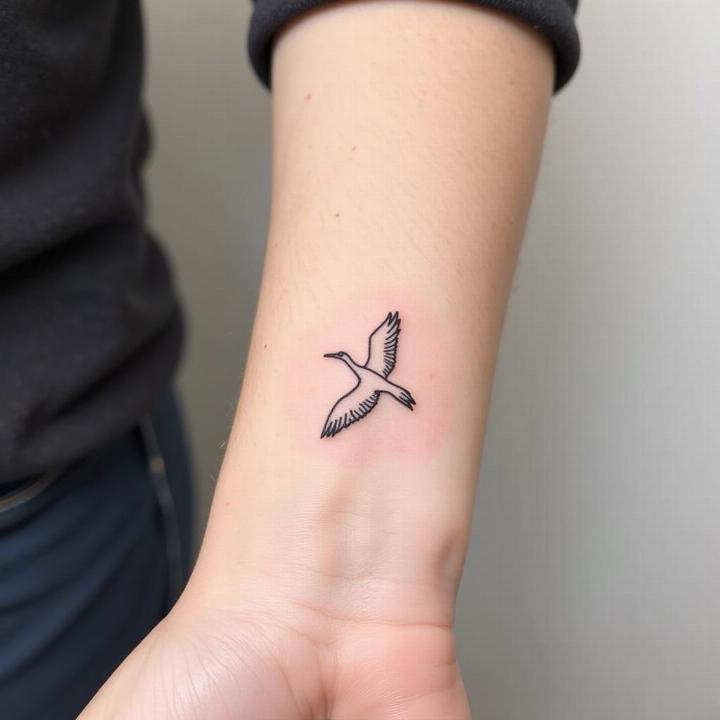 Hình xăm con cò minimalist ở cổ tay, thể hiện sự kín đáo và ý nghĩa cá nhân.