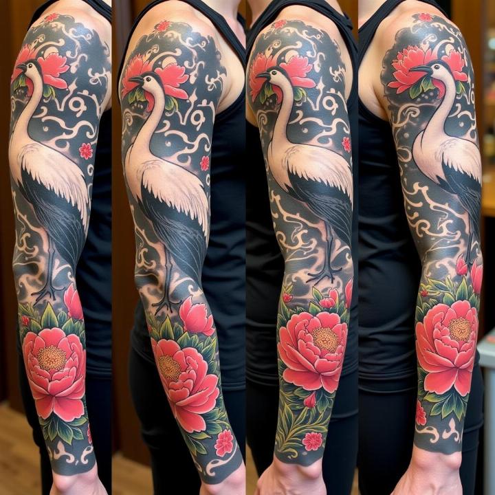 Hình xăm con cò phong cách Irezumi Nhật Bản đi kèm hoa mẫu đơn trên cánh tay, thể hiện sức mạnh và vẻ đẹp truyền thống.