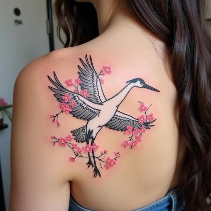 Hình xăm kết hợp con cò Nhật Bản Tsuru và hoa anh đào trên vai, biểu trưng cho tuổi thọ dài lâu và vẻ đẹp tinh tế.