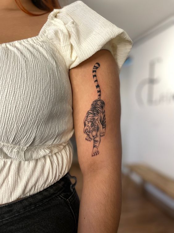 Hình xăm hổ trên bắp tay, phong cách blackwork chi tiết, ảnh HD.