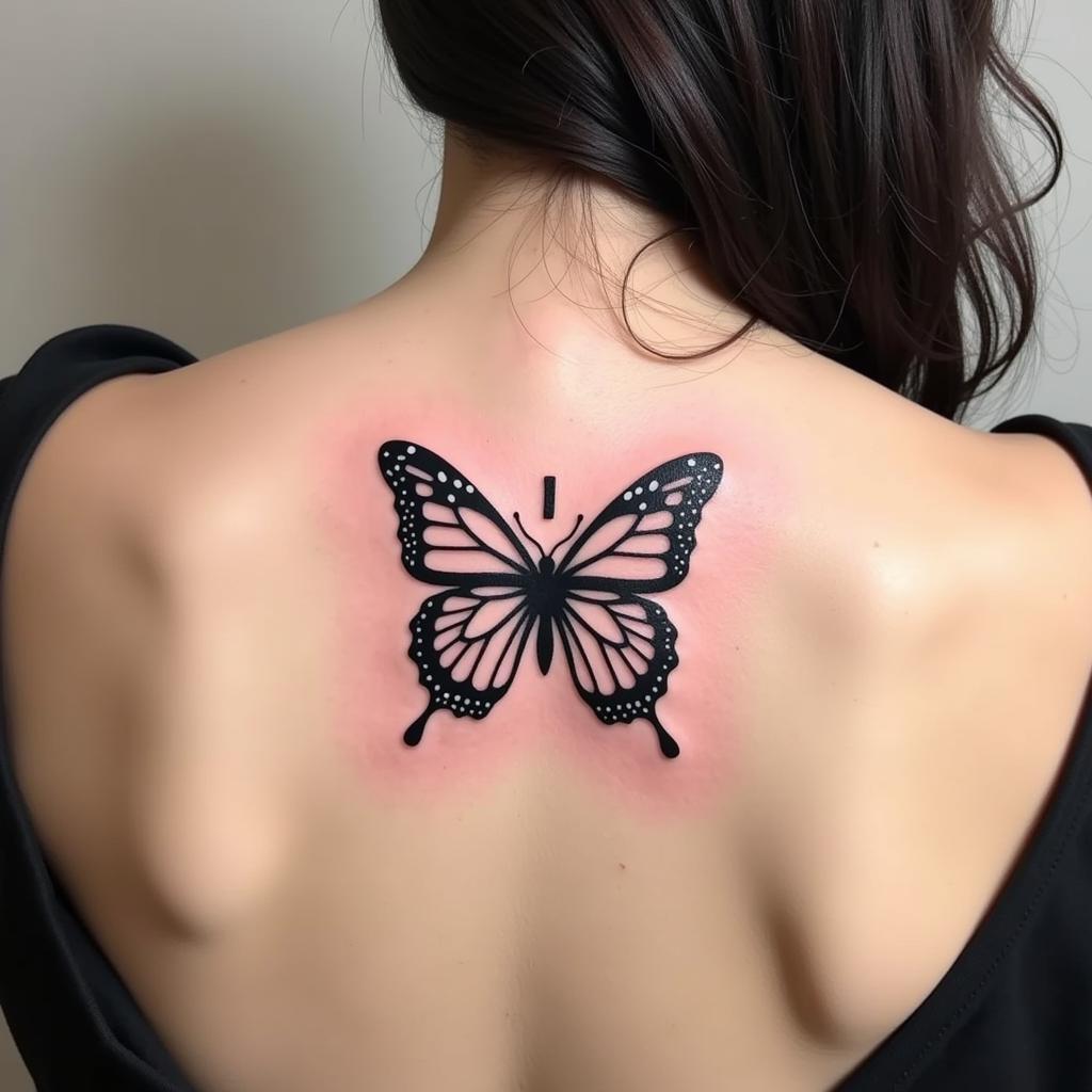 Hình xăm bướm trên lưng, phong cách blackwork, chi tiết rõ nét, ảnh HD.