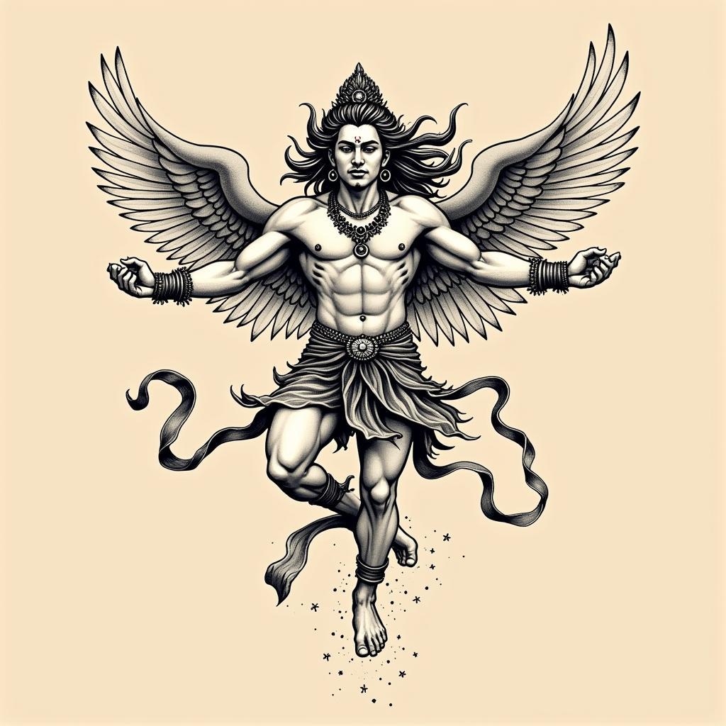Hình xăm thần Hindu chi tiết, phong cách blackwork, cánh tay, độ phân giải cao.