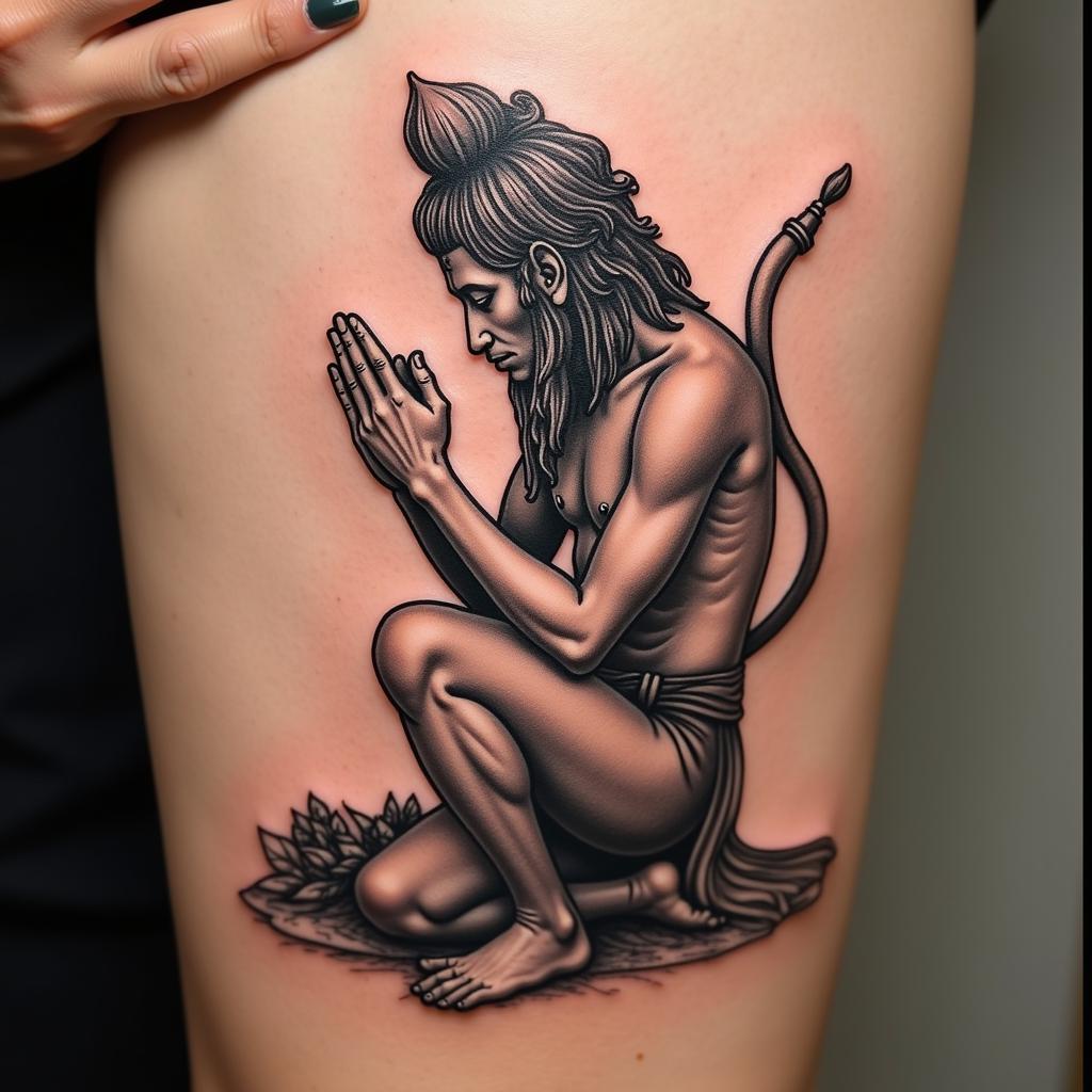 Hình xăm thần Hindu trên đùi, phong cách blackwork, chi tiết, độ phân giải HD.