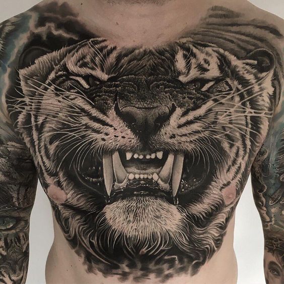Hình xăm hổ trên ngực phong cách blackwork chi tiết, ảnh HD.