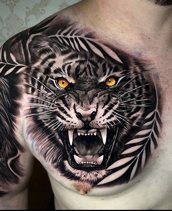 Hình xăm hổ trên ngực, phong cách blackwork chi tiết, HD.